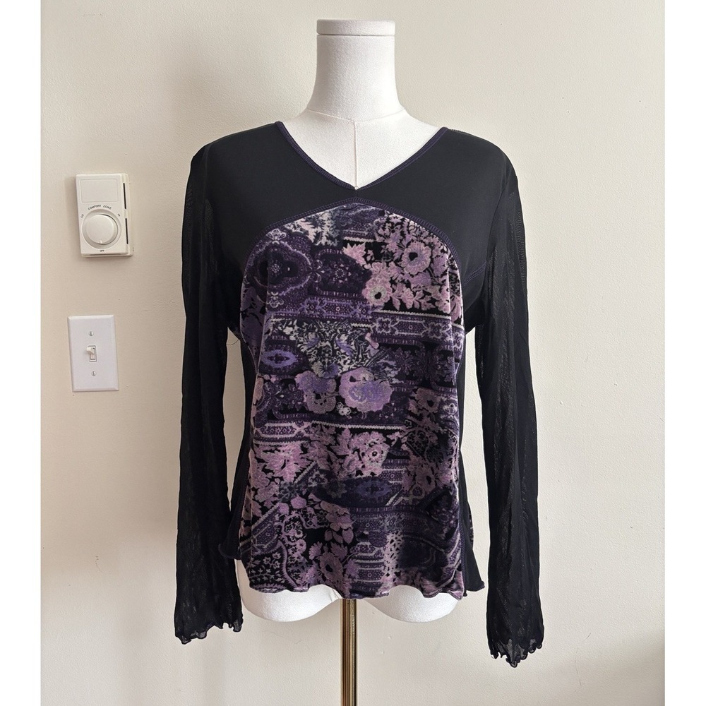 Romantic Whimsigoth Top Womens Large Black Purple Velvet Paisley Worthington Y2K